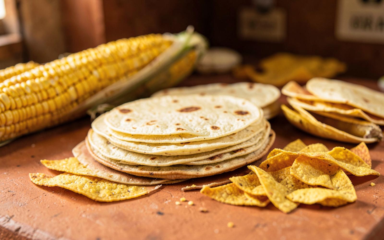 Tortillas de maíz, tostadas y nachos recién hechos